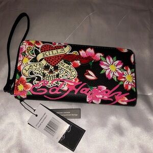 Ed Hardy Black ZA Wallet Love Kills Slowly & Pink Multi Color Floral Print NWT